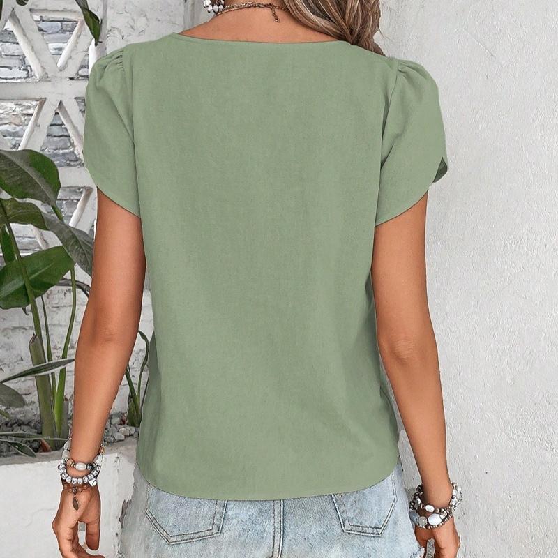 New Chic Womens Asymmetrical Neck Puff Sleeve Blouse Casual Button Detail Short Sleeve Top Elegant Loose Fit Summer Shirt for Work  Everyday Wear