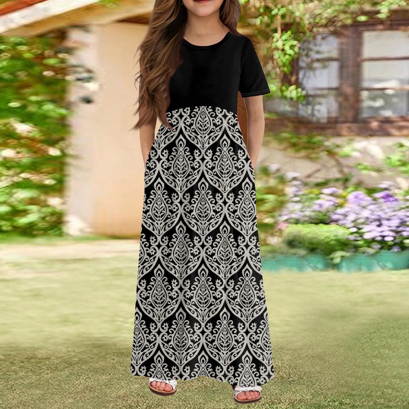 

Длинное летнее платье для девочек - платье макси с короткими рукавами и карманами для детей 4-14 лет 160