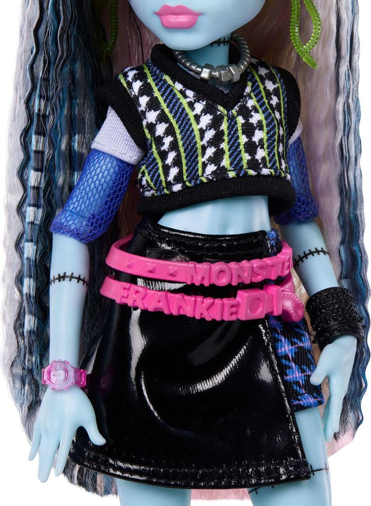 Monster Hydoll, Frankie Stein Cropped Sweater, Pet Dog Wattsy, and Seven Accessories Including a Black Leather Skirt, Earphones, a Belt Bag, and