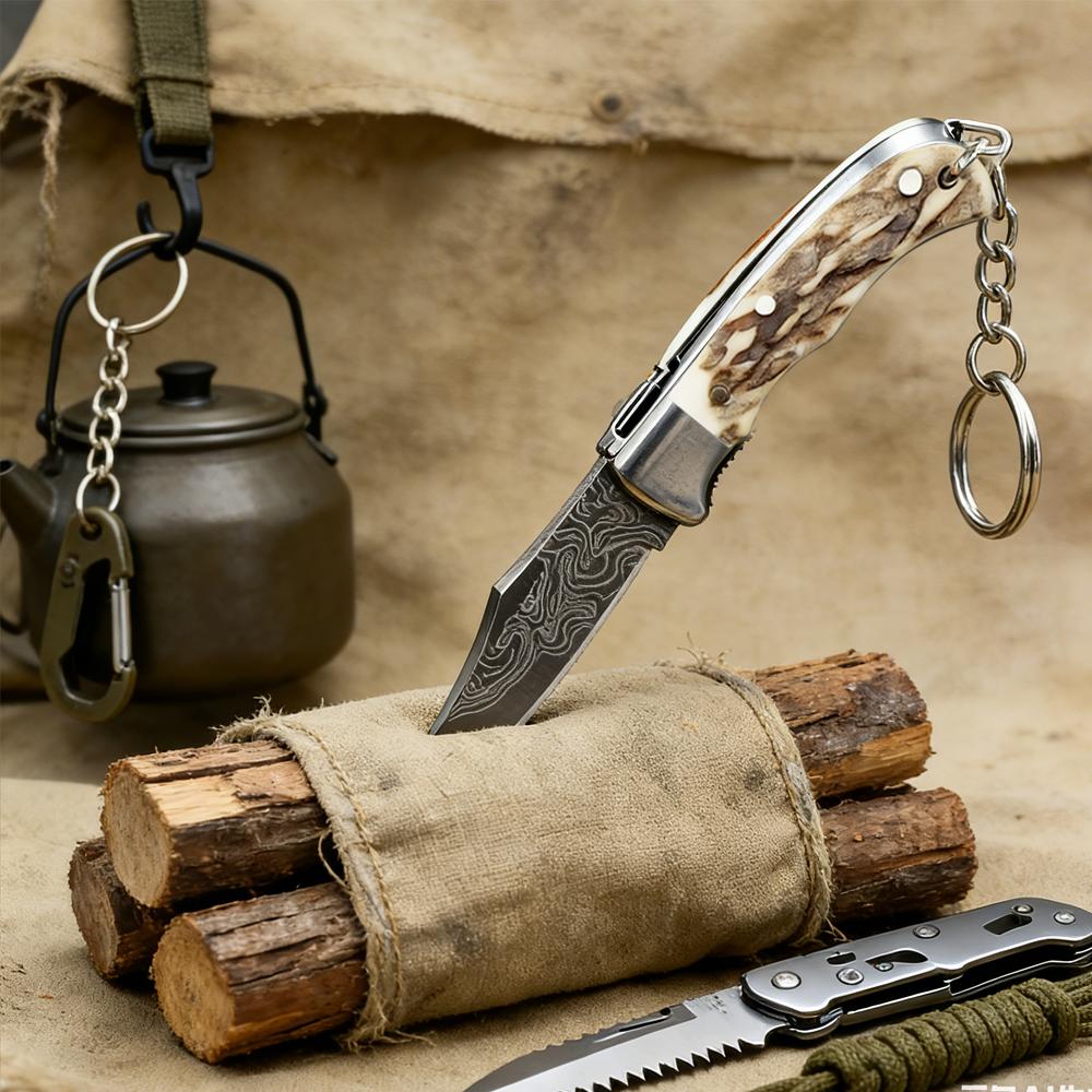Key Ring Pocket Folding Knife Damascus Steel Blade Customized Wooden/Antler Horn Handle Ideal Camping Hiking Daily Use