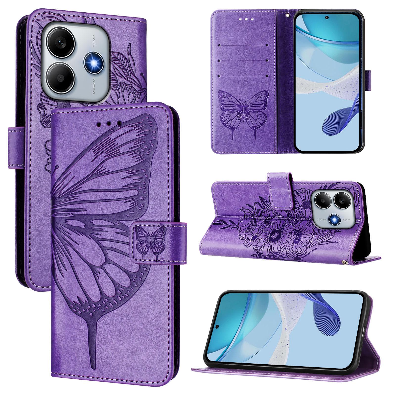 

For Xiaomi Redmi Note 14 5G Wallet Case with Wrist Strap Butterfly Imprint Leather Phone Cover Purple