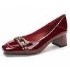 Square head high heels women's thick heels are not tired feet new spring and autumn red wedding shoes medium heel light mouth single shoes