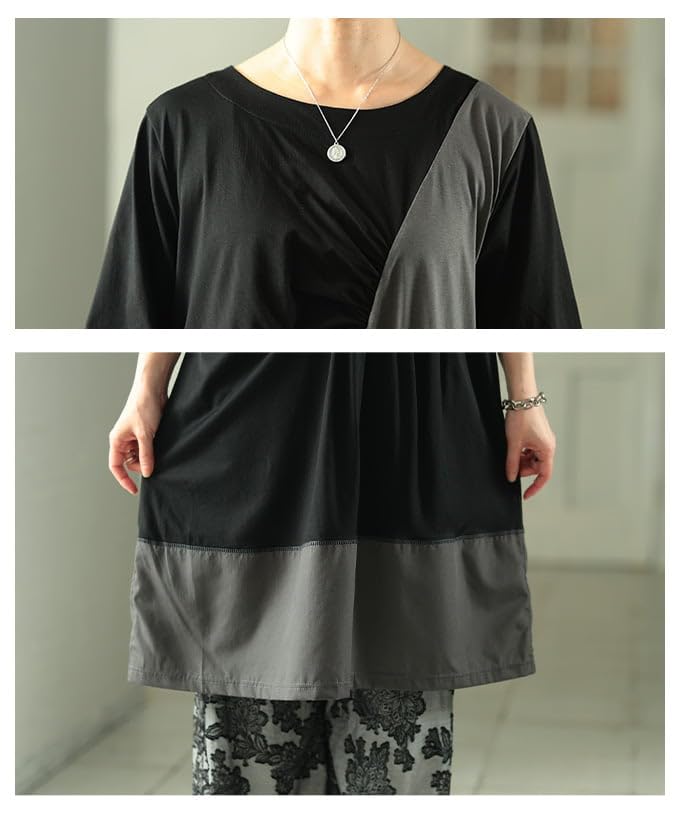 la color gathered design dress for flattering Free Black x [sawa á mode] Two-tone scheme, women. Short-sleeved, monochrome, asymmetrical, fit, casual,
