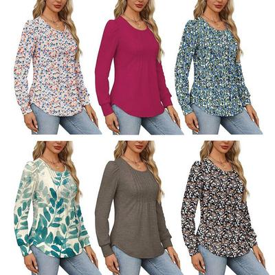 Spring and Autumn Floral Pleated Crew Neck Long Sleeve Shirt Casual Top