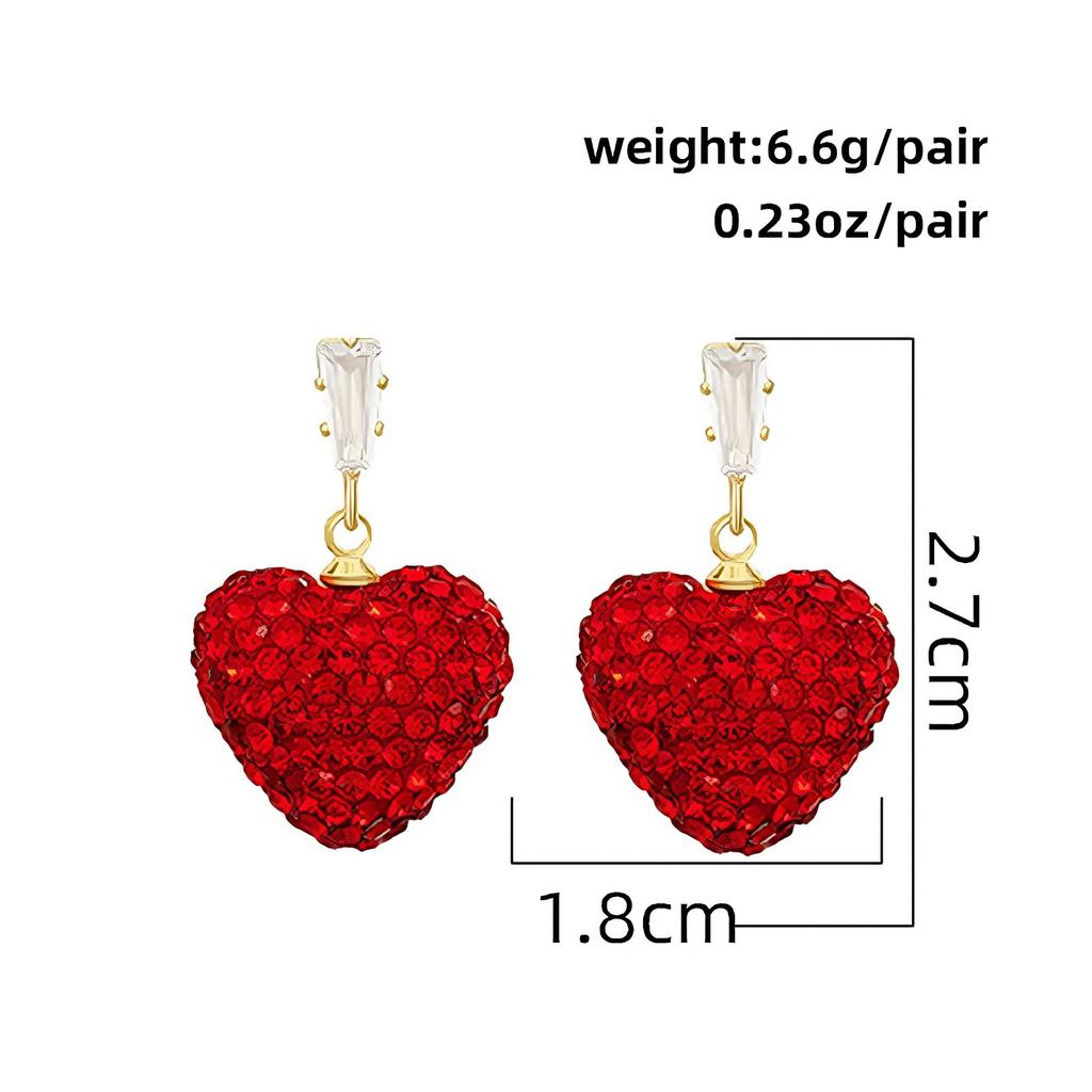 S925 Silver Needle Heart Earrings Full Diamond Valentine's Day Elegant Light Luxury Red Inlaid Diamond Earrings Niche Design Sense Stud Earrings