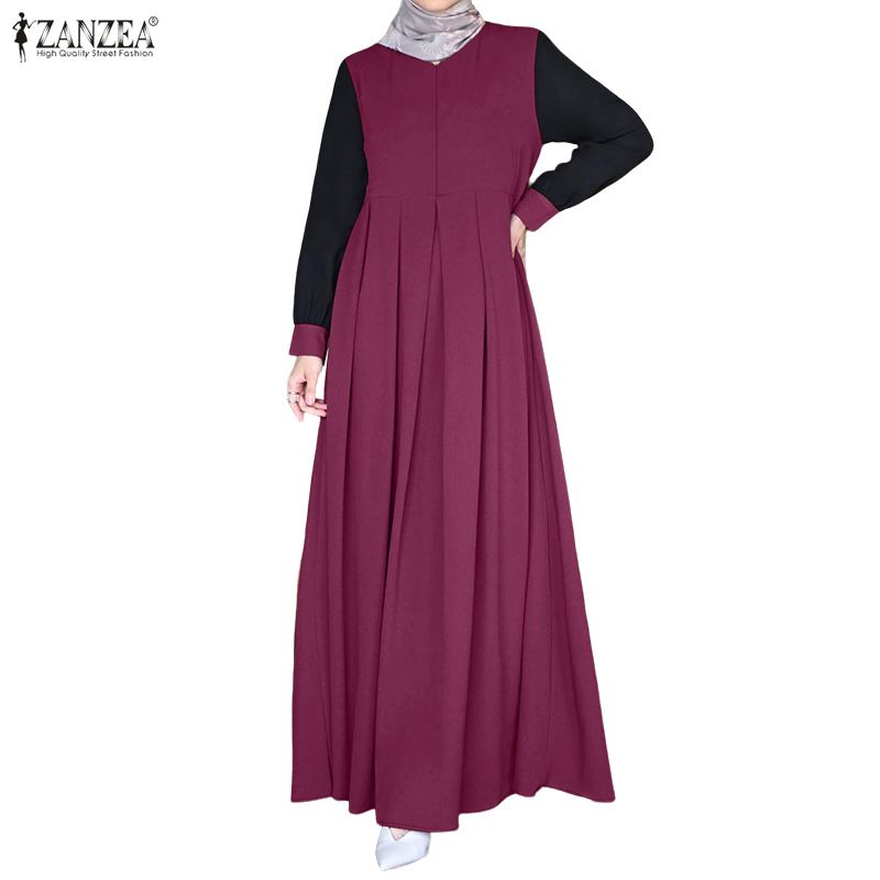 ZANZEA Women Casual Round Neck Splice Long Sleeve Muslim Long Dress