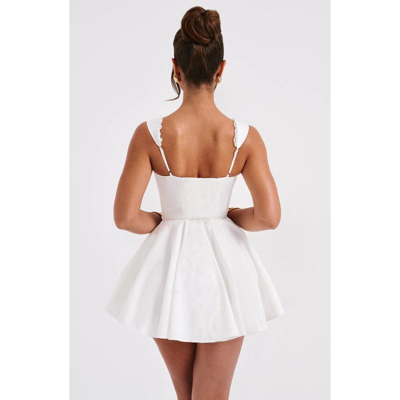 Summer Lovely Sweet A Line Short Dress Yellow Sexy Sleeveless Lace Up Pleated Party Dresses Hollow Out Slim Fit Elegant Holiday Dress Women