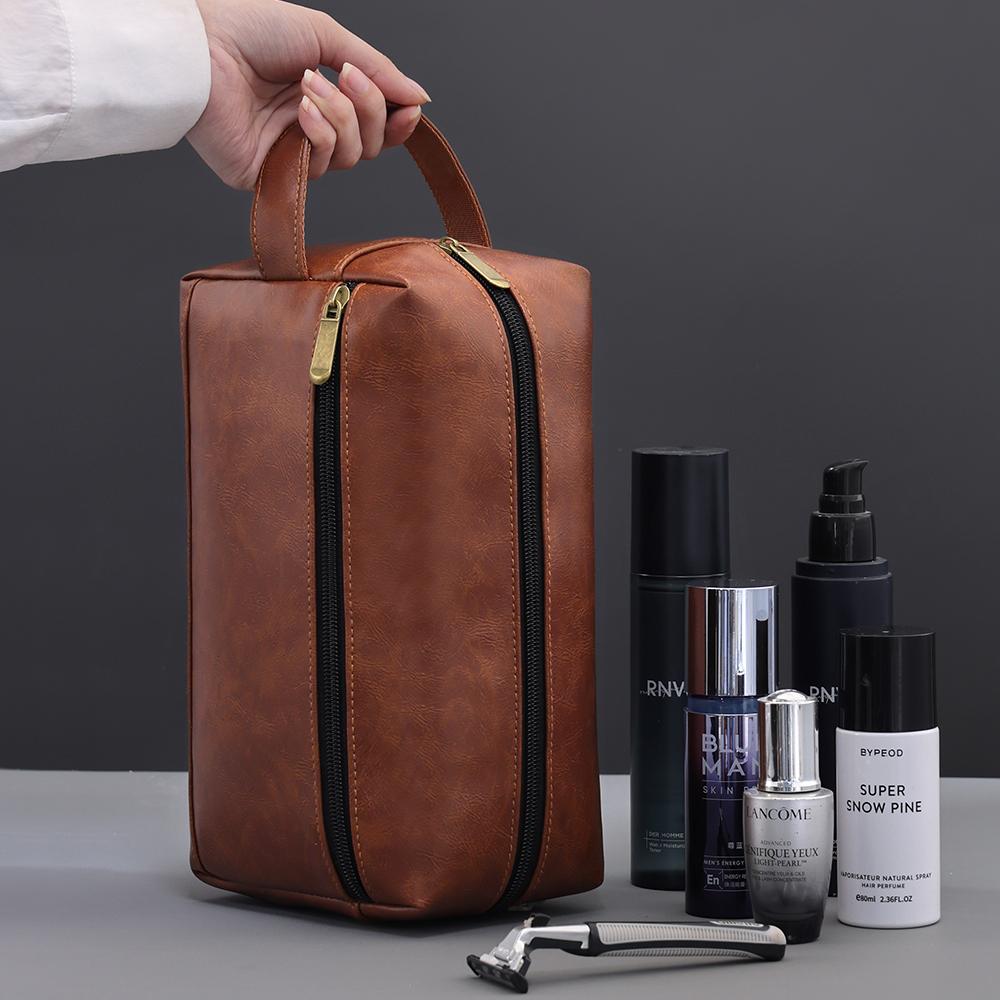 Men Leather Travel Business Shaving Cosmetic Bag Strorage Portable Toiletry Bag Large Capacity Organizer Handheld Wash Bag
