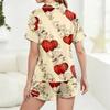 Damen Casual Mode Weihnachts-Print Kurzärmeliges Hausanzug-Set mit Knopfleiste, Kurzarm-T-Shirt und Shorts