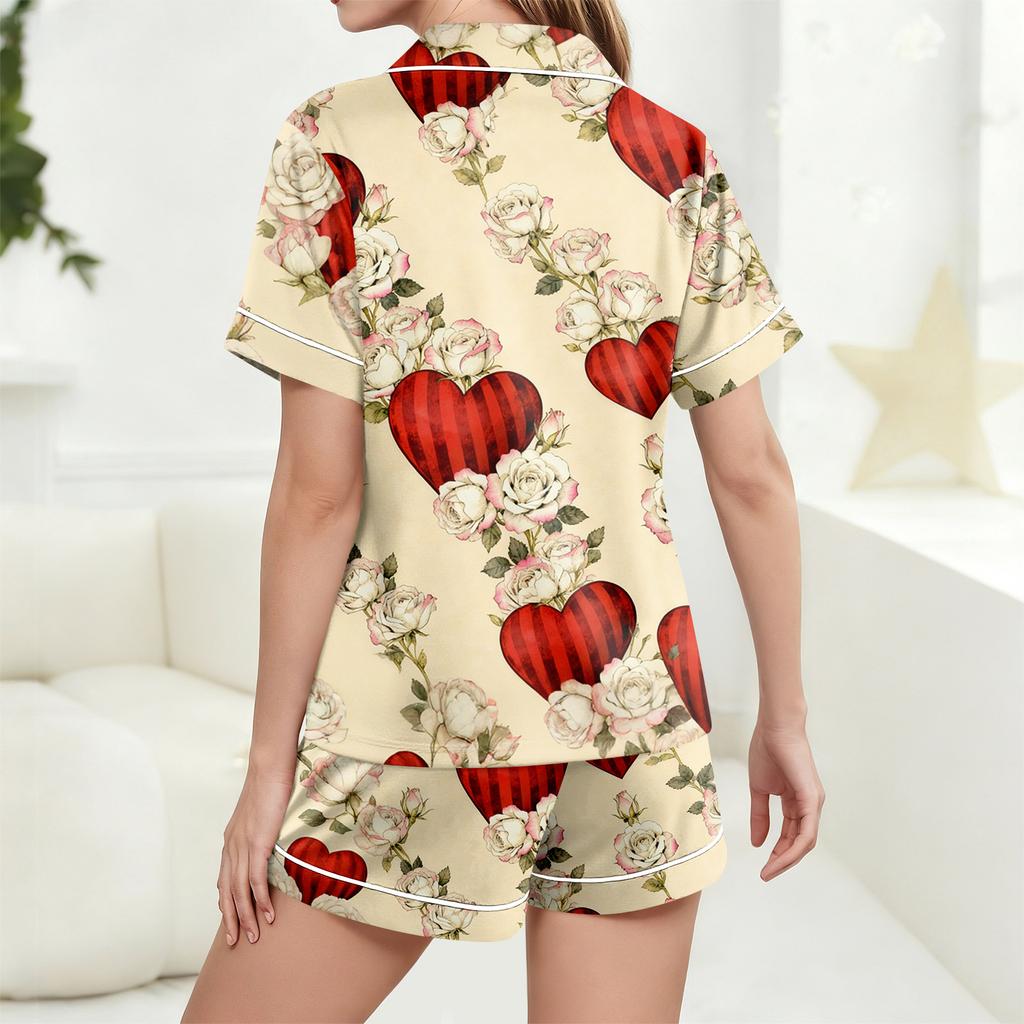 Women's Casual Fashion Christmas Print Short,sleeved Home Wear Button,down Short,sleeved T,shirt And Shorts Pajamas