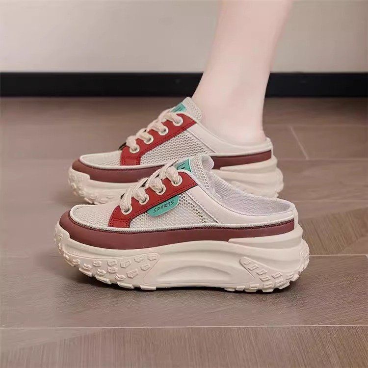 Summer Women's Thick Soles Increase Mesh Women's Sport Slippers Lace Up Half Slipper Casual Shoes Ladies Slides Sneakers