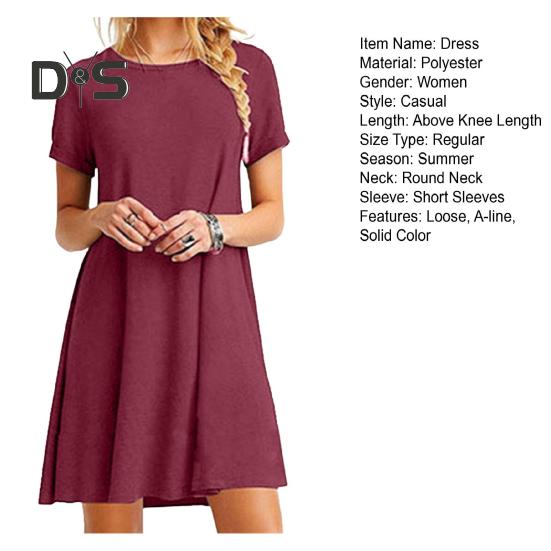 Letní mini šaty s krátkým rukávem, áčkového střihu, s kulatým výstřihem, jednobarevné, délka nad koleno, jednoduchý styl, krátké šaty na rande, plážovou párty