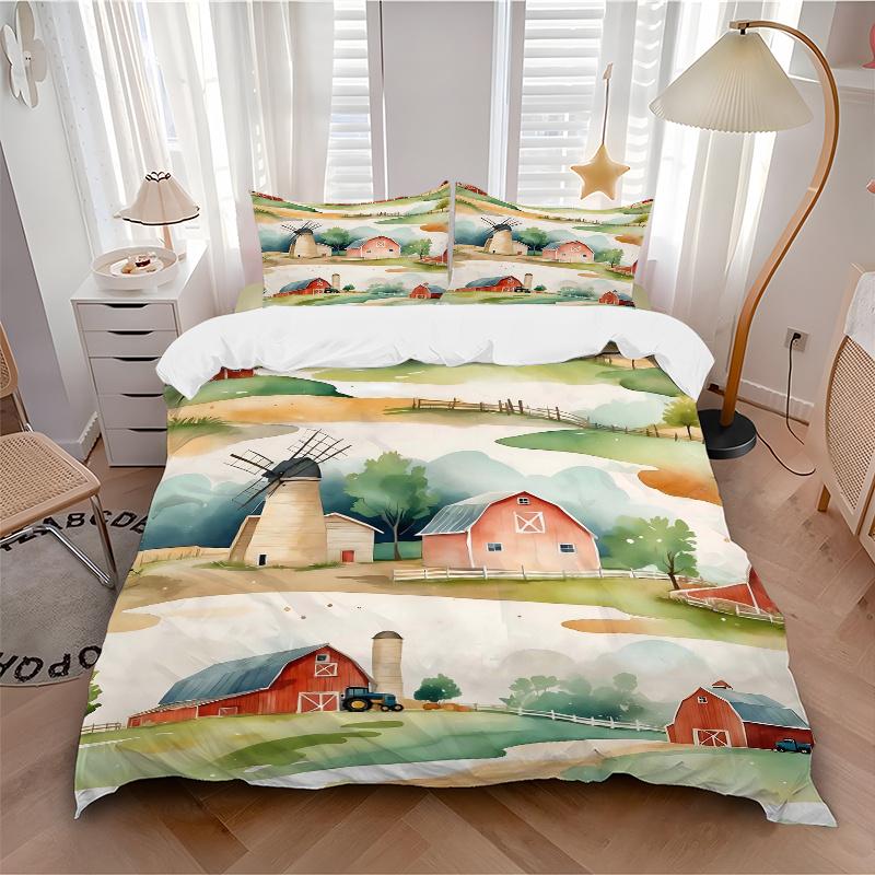 3pcs Serene Countryside Illustration Printed Quilt Set, Includes 1 Quilt Cover and 2 Pillowcases