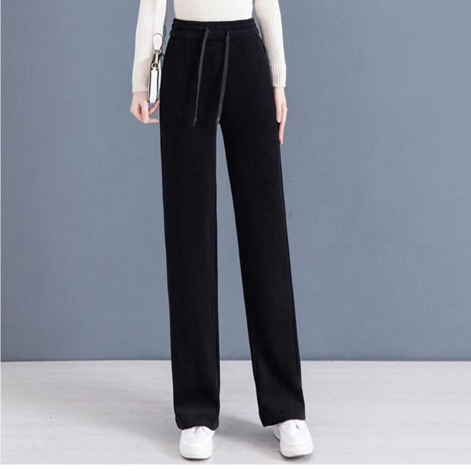Slim Wide Leg Corduroy Pants Women Winter Fleece Lined Draping Tapered Trousers