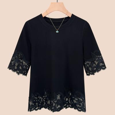 Summer Lace Stitching Round Neck Short-sleeved T-shirt Women's Simple and Versatile Solid Color Top