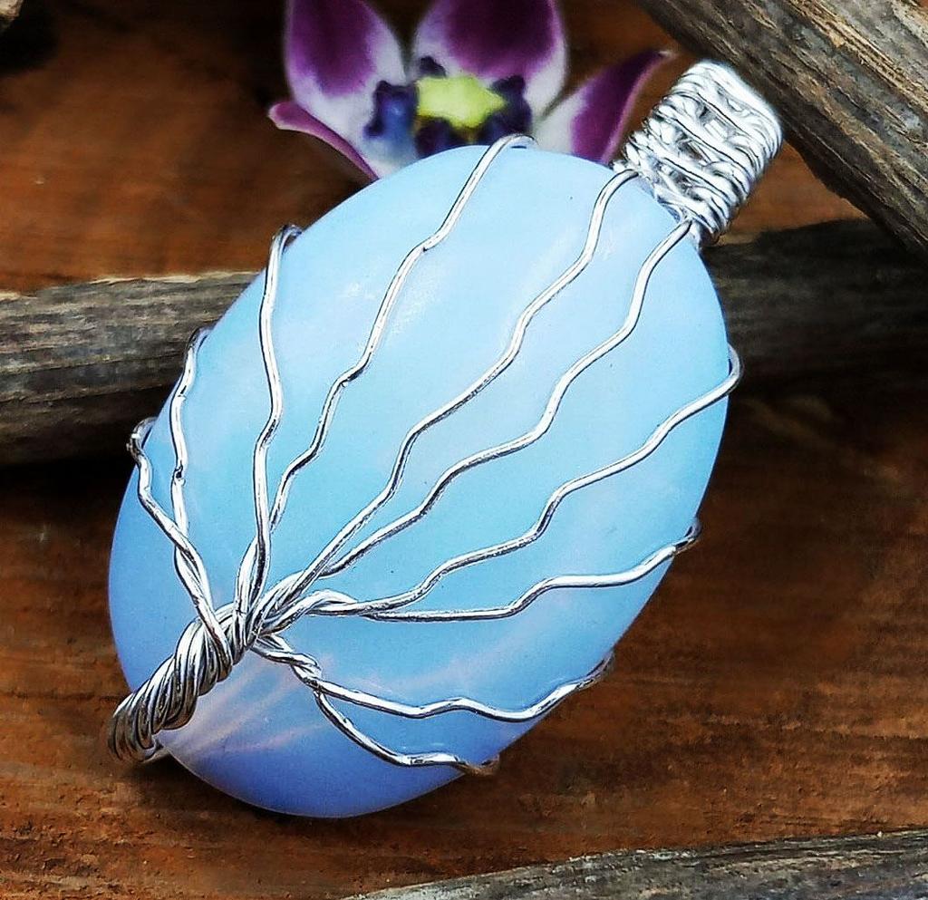 Opalite Gemstone Handmade Copper Wire Wrap Tree Of Life Pendant Jewelry