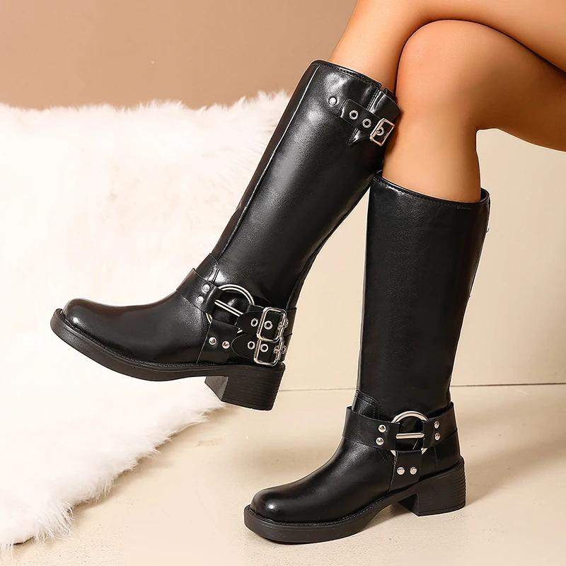 Fashion Fashion Women's Motorcycle Boots Autumn Winter Brown Pu Leather Knee High Boots Women Buckle Strap Chunky Heel Riding Boots 2025