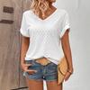 Summer New Fashion V-neck Women's Top Jacquard Hollow Solid Color Short-sleeved T-shirt