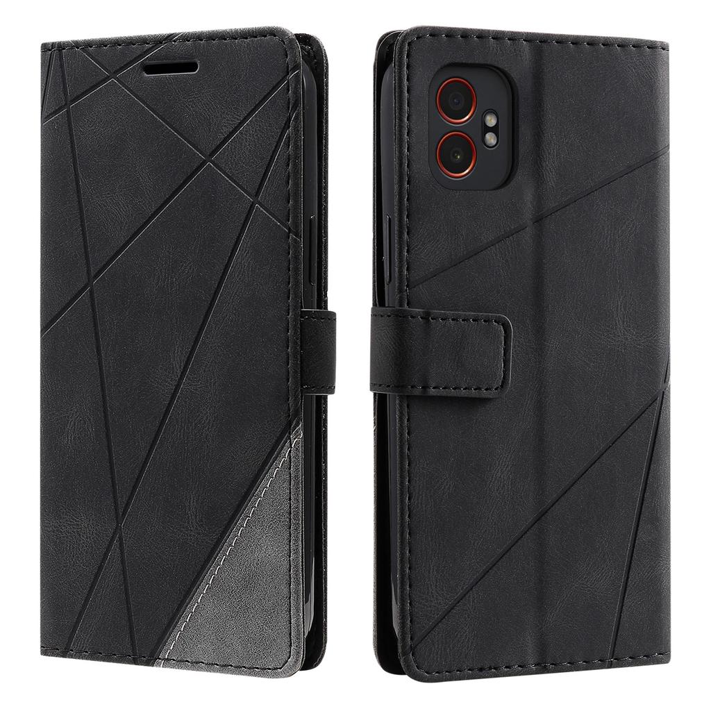 For Samsung Galaxy XCover7 Pro Case Imprinted Lines PU Leather Splicing Wallet Phone Cover with Wrist Strap