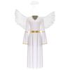 Womens Angel Cosplay Costume Long Sleeve Gold Trim Angel Dress Gown Feather Wings Headwear Set