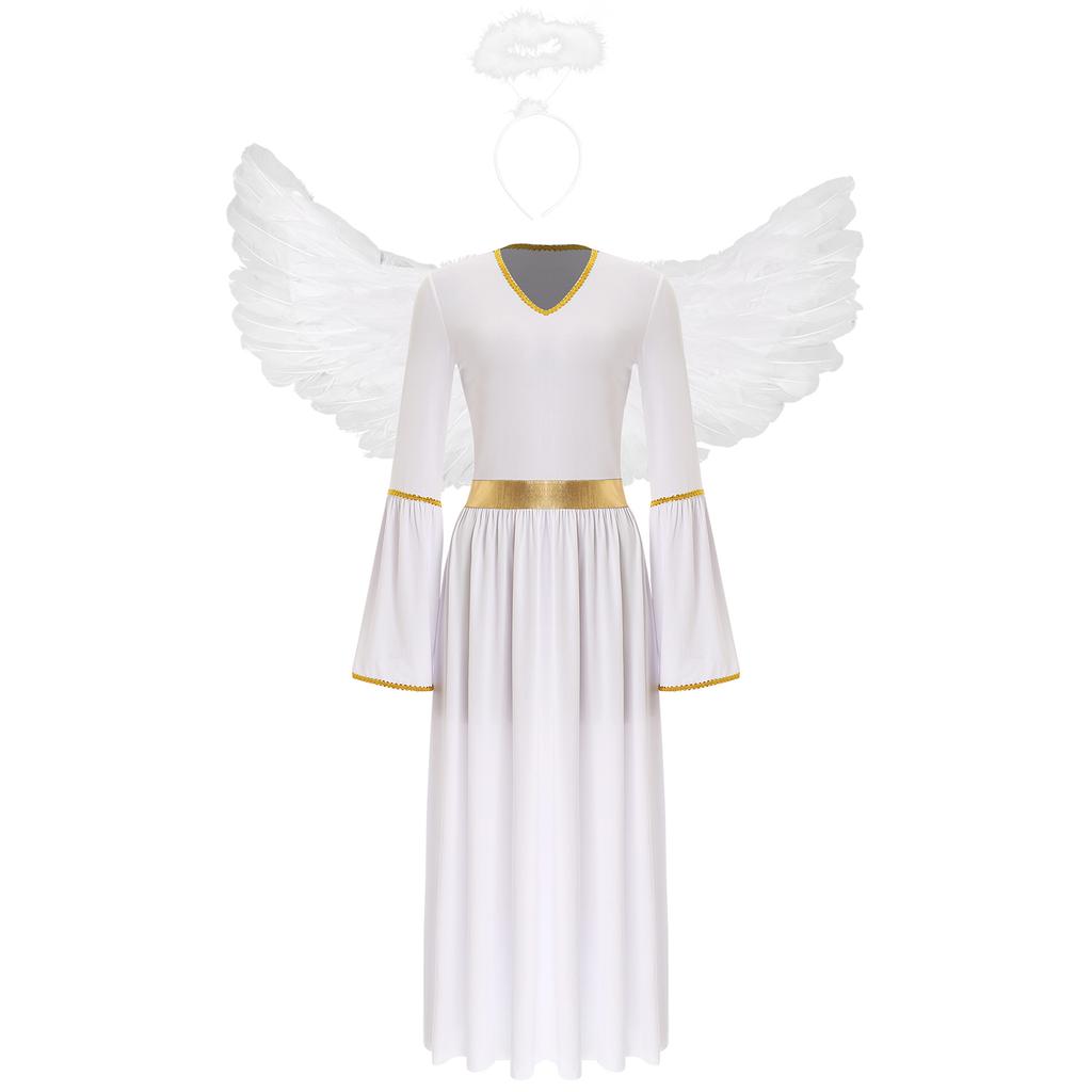 Womens Angel Cosplay Costume Long Sleeve Gold Trim Angel Dress Gown Feather Wings Headwear Set