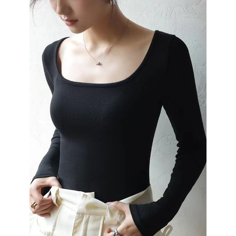 Shirt Square Neck Ribbed Fabric Autumn Bottom Shirt Black Low Neck Women's Shirt Striped Splicing