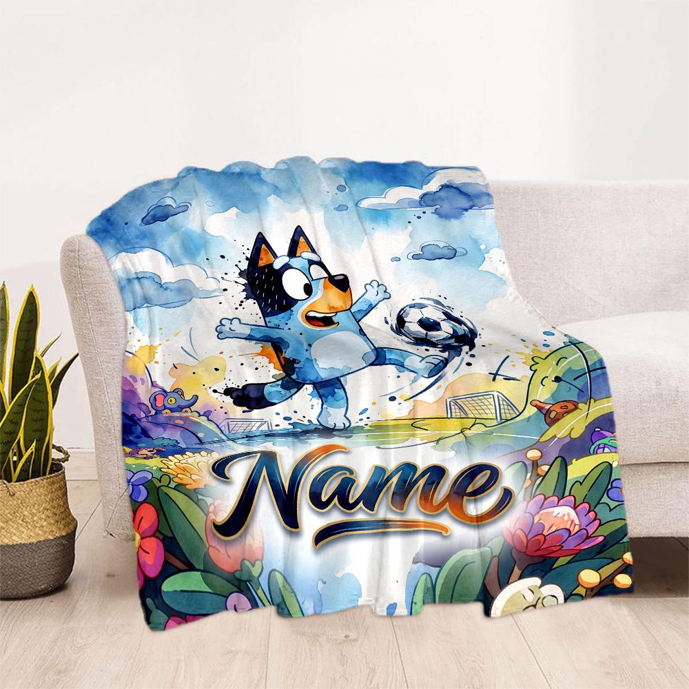Bluey Soccer Adventure Customize Text Blanket Cozy Customizable Blanket Comfortable Great for Bedding Couch Sofa Office Chair Four Seasons Universal