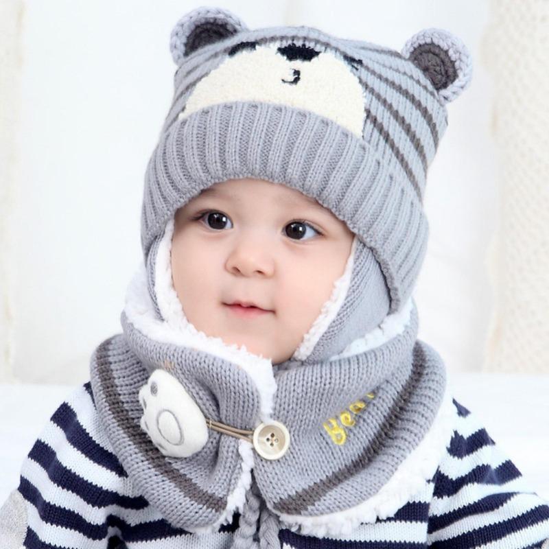 Winter Kids Baby Girls Boys Cartoon Bear Stripe Knit Hat Cap Woolen Yarn Scarf  Hat Keep Warm Set For Outdoor
