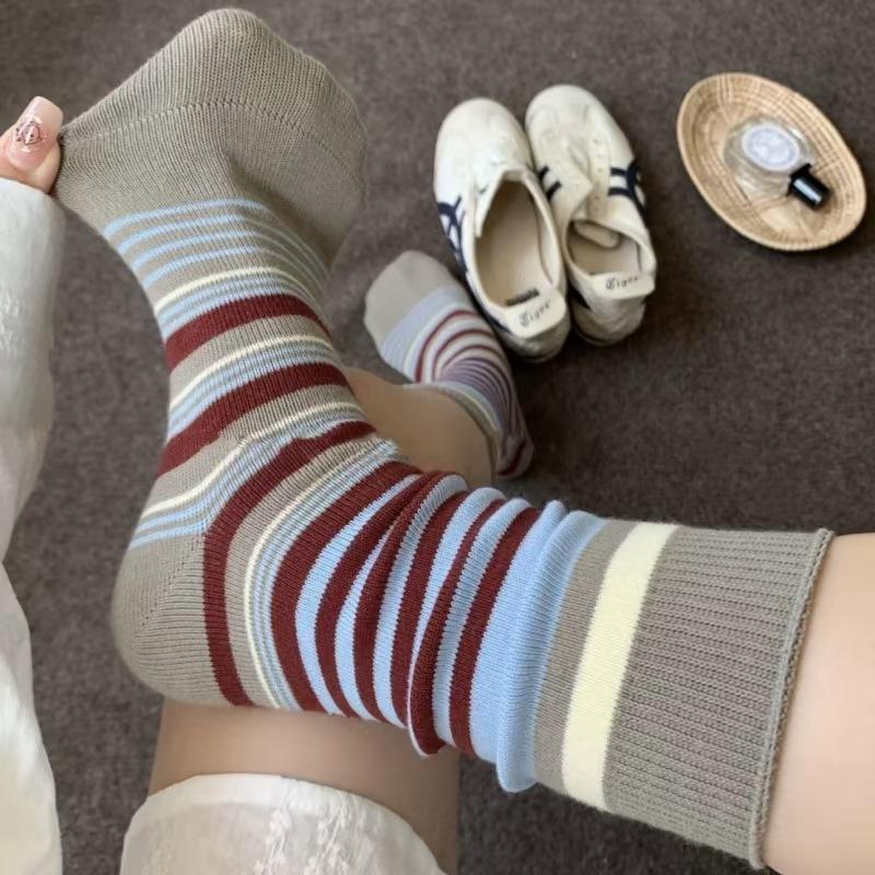Socks, Vintage Socks, Color-blocking Striped Mid-calf Socks for Women, Breathable Autumn and Winter Pile Socks