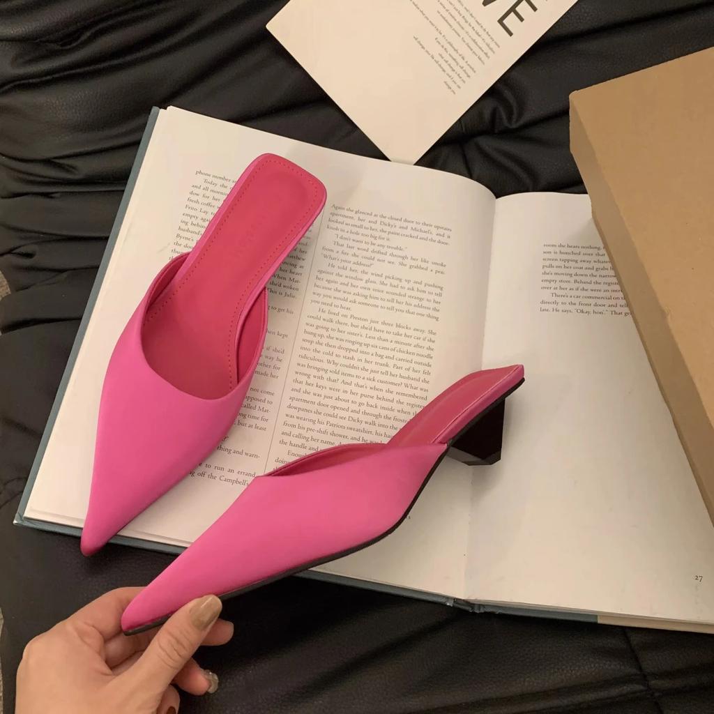 Fashion New Pointed Toe Women Mules Slipper Fashion Candy Color Ladies Elegant Dress Sandal Square Low Heel Slip on Slides Shoes