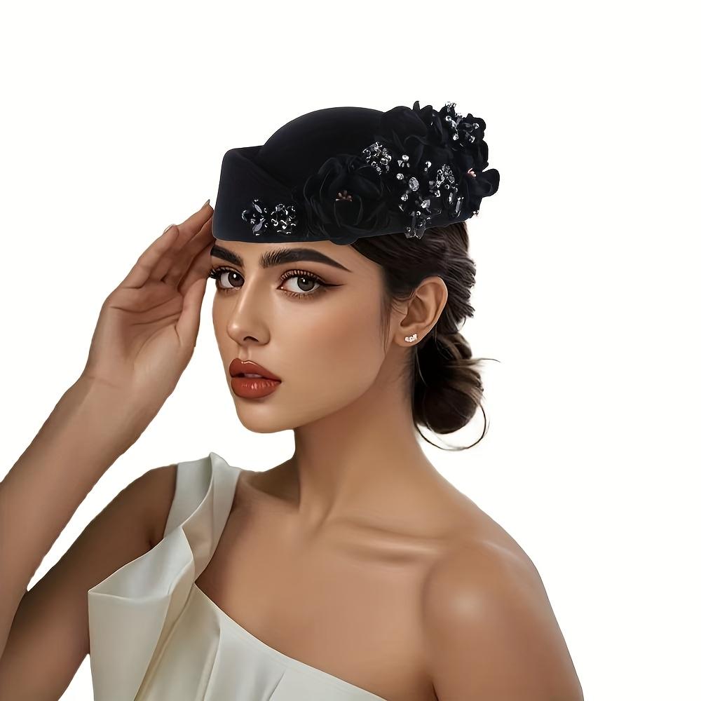 

Элегантный берет в британском стиле с цветочным узором из стразов для женщин | Винтажная шапочка с блестящими розовыми и белыми цветами, без эластичности, только ручная стирка чёрный