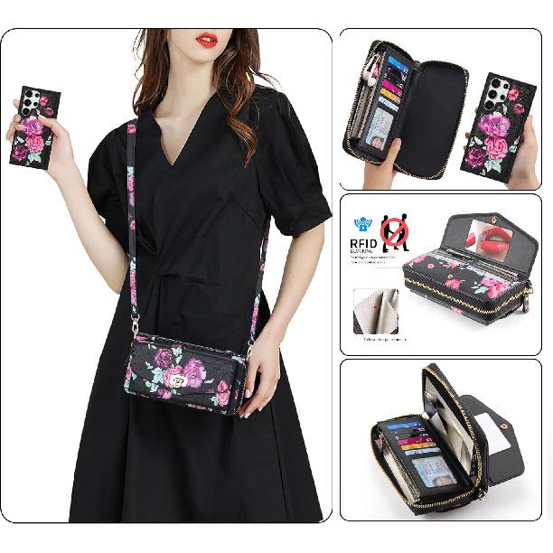 Crossbody Wallet Case for Samsung Galaxy S24 Ultra, Magnetic Detachable PU Leather Flip Phone Case with Card Holder RFID Blocking Wristlet Mirror
