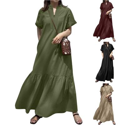 Women's Dresses Stand Up Short Sleeve V-Neck Placket Casual Loose Fishtail A-Line Long Dresses
