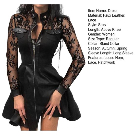 Clubkleid Durchsichtig Spitze Blumenstickerei A-Linie Großer Saum Slim Fit Stehkragen Über Knie Langärmlig Lockerer Saum Mini-Kleid für Dates