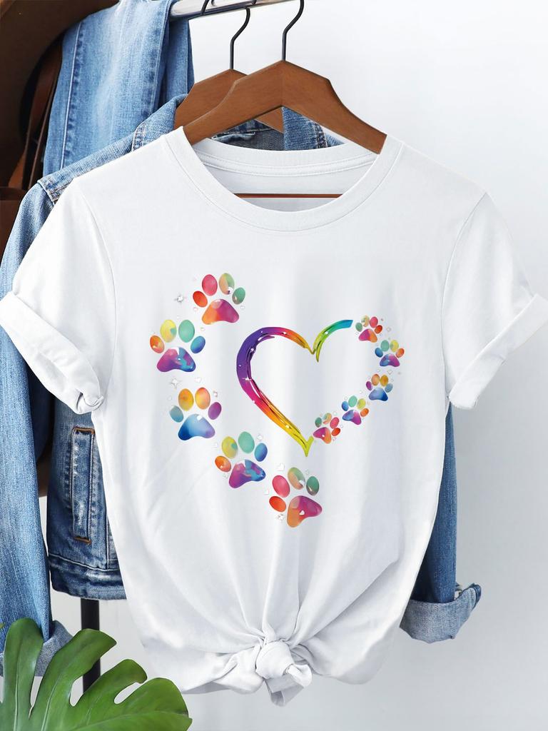 Short-Sleeved Round-Neck with Watercolor-Style Paw Prints and Heart Patterns Summer Short Sleeved Harajuku Streetwear Tops Tees