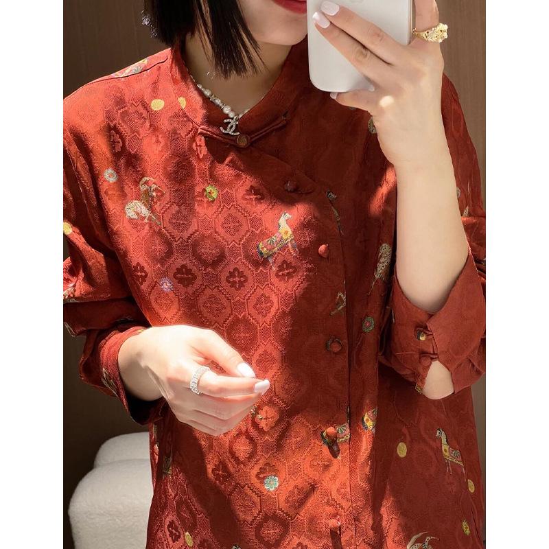 Golden Saddle Embroidered Stand Collar Shirt with Frog Button - New Chinese Style Long Sleeve Top (2026 Design)