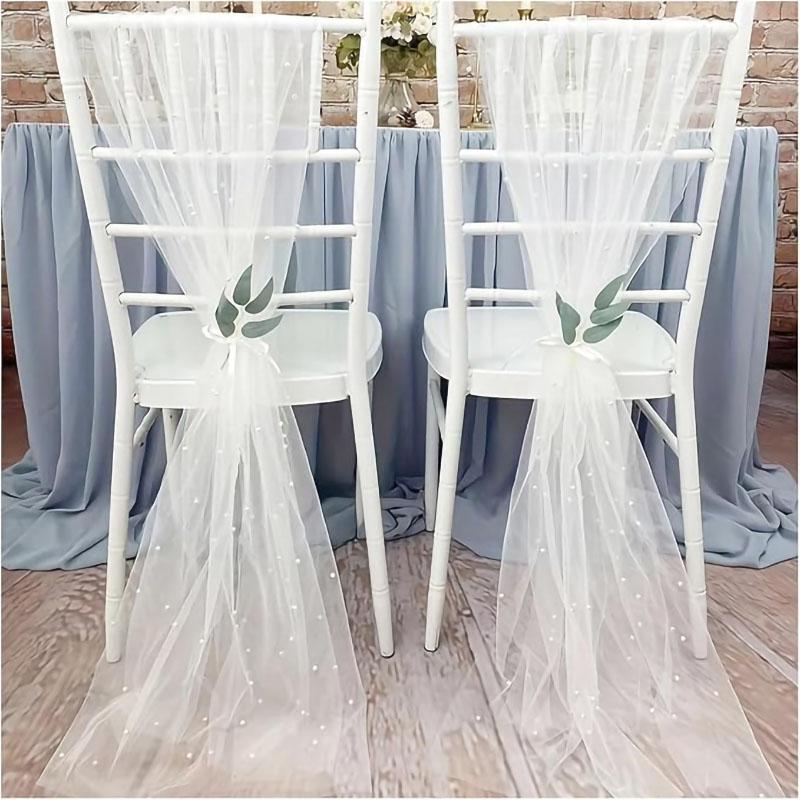 2pcs Pearl Tulle Chair Sashes 75x200cm Organza Fabric Sheer Tulle Chair Drapes For Wedding Party Event Banquet Home Decoration