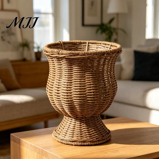 Dried Flower Vase Wicker Faux Rattan Handwoven Boho Basket Modern Farmhouse Decorative Leak-proof Plant Pot for Dining Table Centerpiece Bedroom