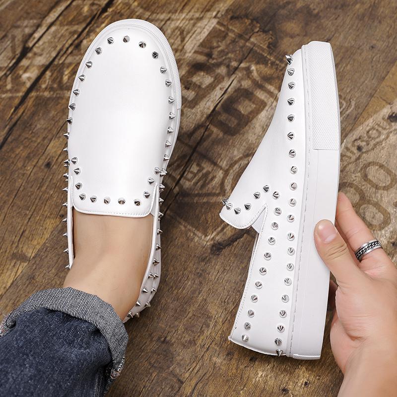 Fashion Trend New Men's Charm White Punk Rivet Leather Leisure Shoes Male Rock Thick Bottom Slip On Loafter Zapatos Hombre