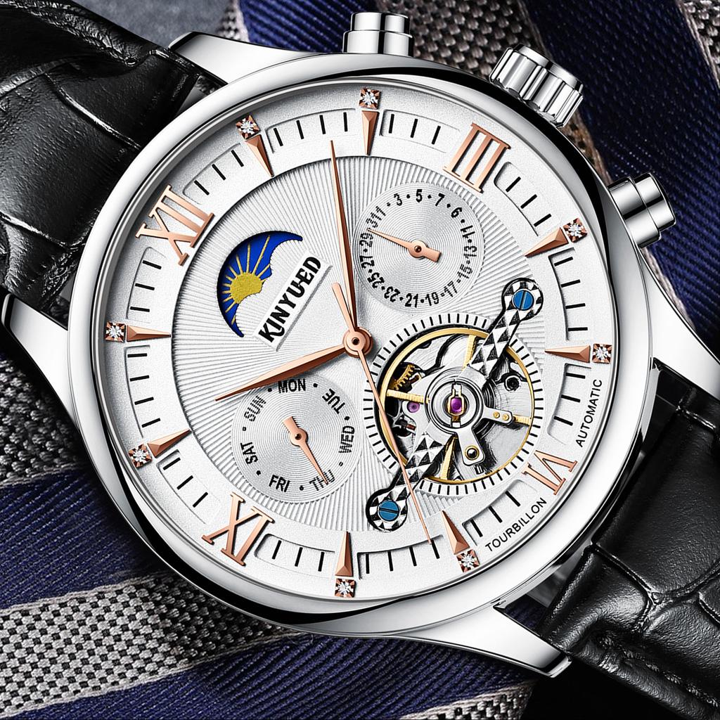 KINYUED J087 Fashion Men Mechanical Hand Wind Wrist Watch Leather Luminous Hands Luxury Men Wristwatch Mens Watch