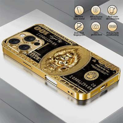 Reichtum Löwenmuster Gold Metallic Lack Glas Handyhülle für iPhone 17 16 15 14 13 12 11 Pro Max 15 14 Plus 17 Air 16E Hülle