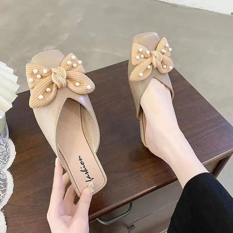 Fashion Low Heel Indoor Leather Women's Slippers and Ladies Sandals Outside Shoes Soft Job Slides Pearl Mules Natural Skin Footwear Pvc