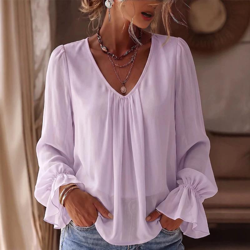 Women S V Neck Loose Fit Solid Color Long Sleeve Shirt