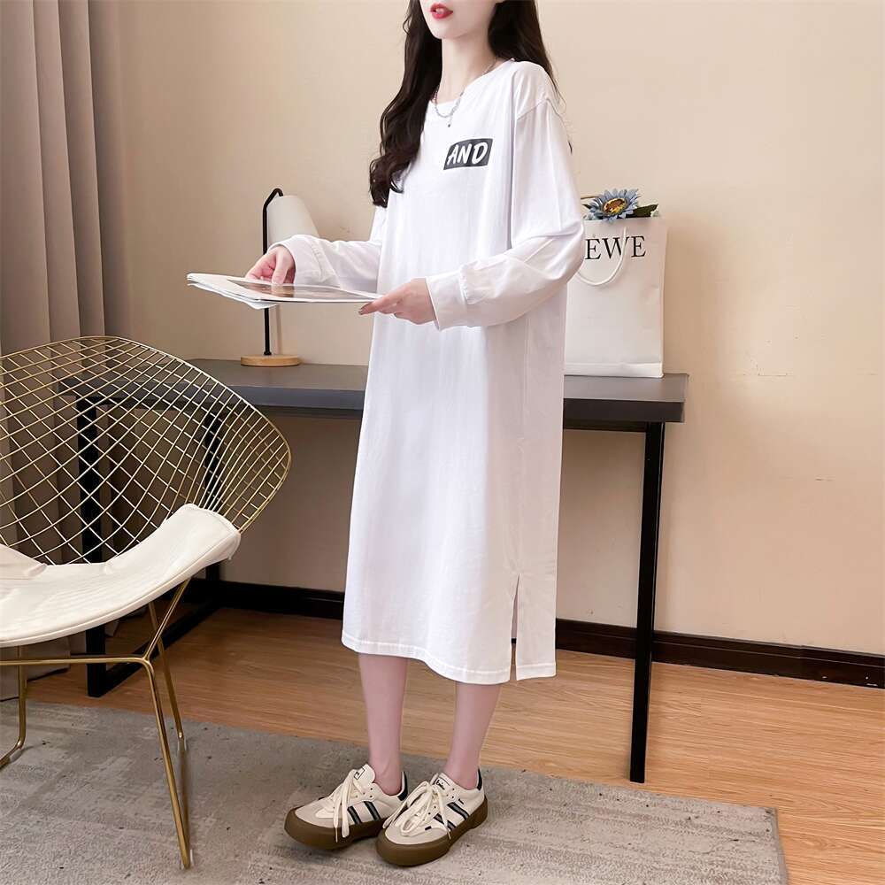 knee-length cotton T-shirt skirt children's casual lazy style long-sleeved dress spring and autumn loose large-size home skirt
