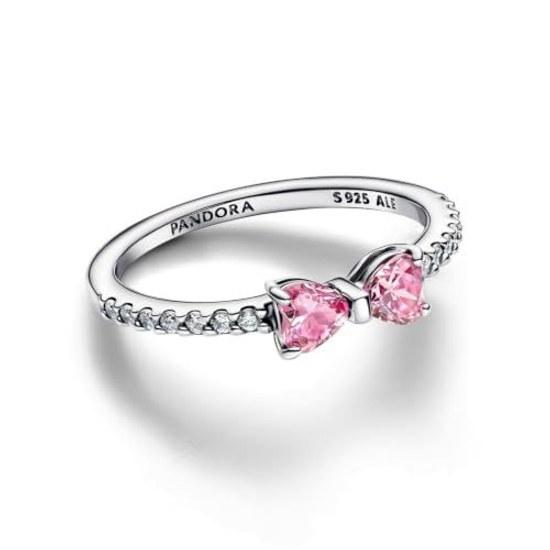 PANDORA Ladies Silver Ring Sparkling Pink Ribbon 52 16.6 Sterling Cubic Zirconia