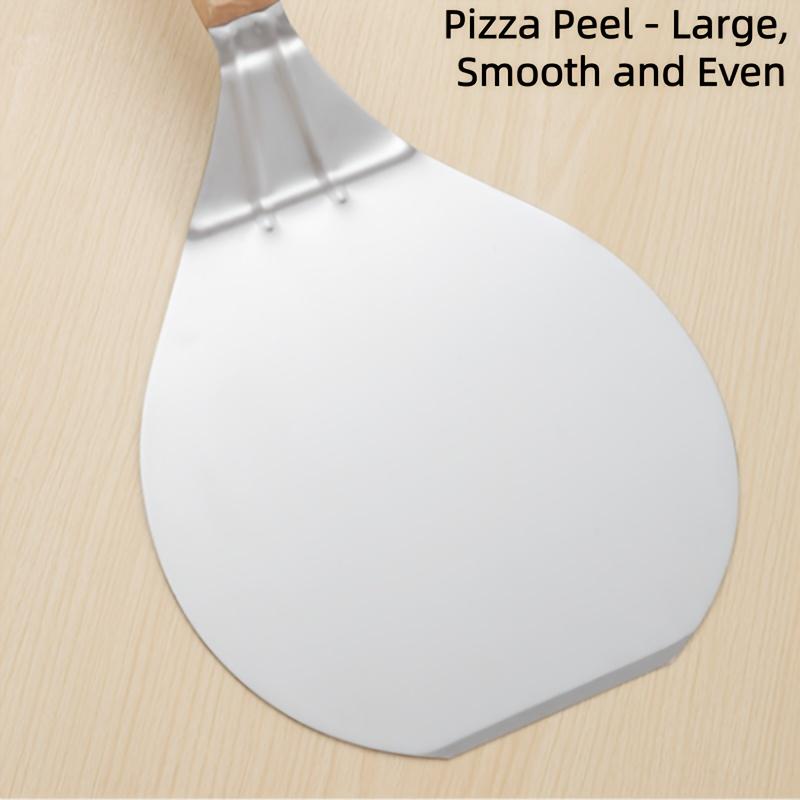 3-piece Sustainable Stainless Steel Pizza Peel Cutter Wooden Handle Large Pizza Shovel Steak Pancake BBQ Pan Cake Transfer