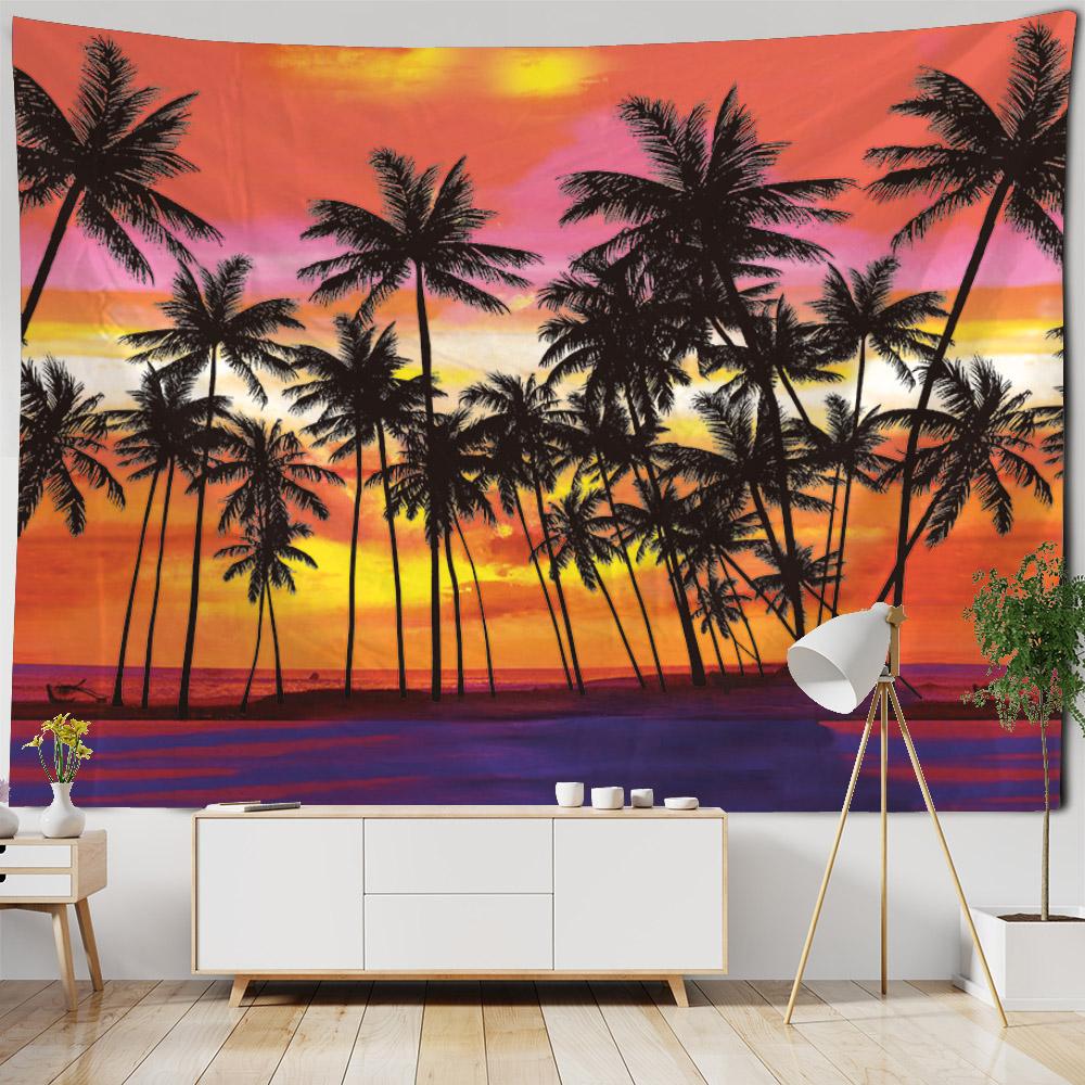 Beach landscape tapestry, coconut tree, sunrise, wall hanging poster, home wall decoration background cloth, living room bedroom
