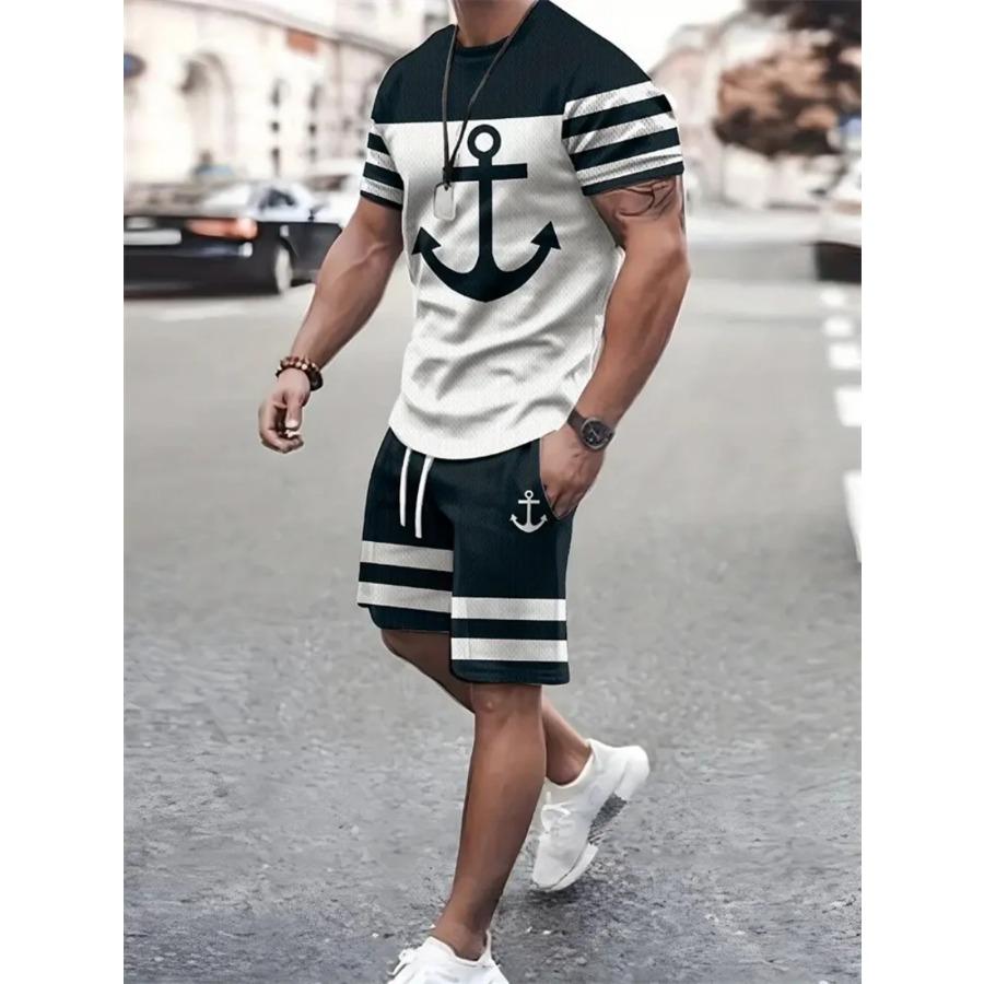 Summer Men's Sailor Short Sleeve Set Anchor Print Pattern Short Sleeve Shorts Set Men's Crew Neck T-Shirt and Drawstring Shorts