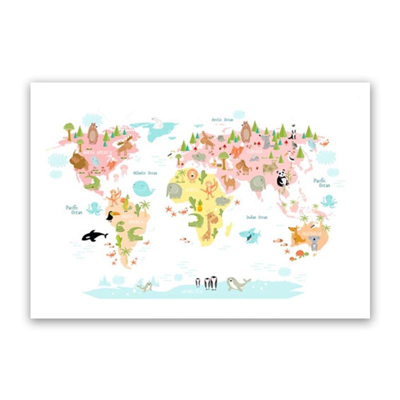 Poster de artă de perete pentru creșă, hartă a lumii animale, pictură pe pânză de desene animate pentru dormitor pentru copii, imagini scandinave, decor pentru cameră de copii