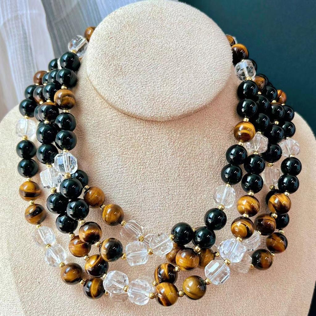 National Style Maillard Style Natural Tiger'S Eye Stone Necklace Female Natural Sugar Cube White Crystal Retro Sweater Chain